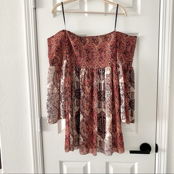 Orange Red Off-Shoulder Paisley Print Smocked Boho Bohemian Dress - Picture 2 of 6